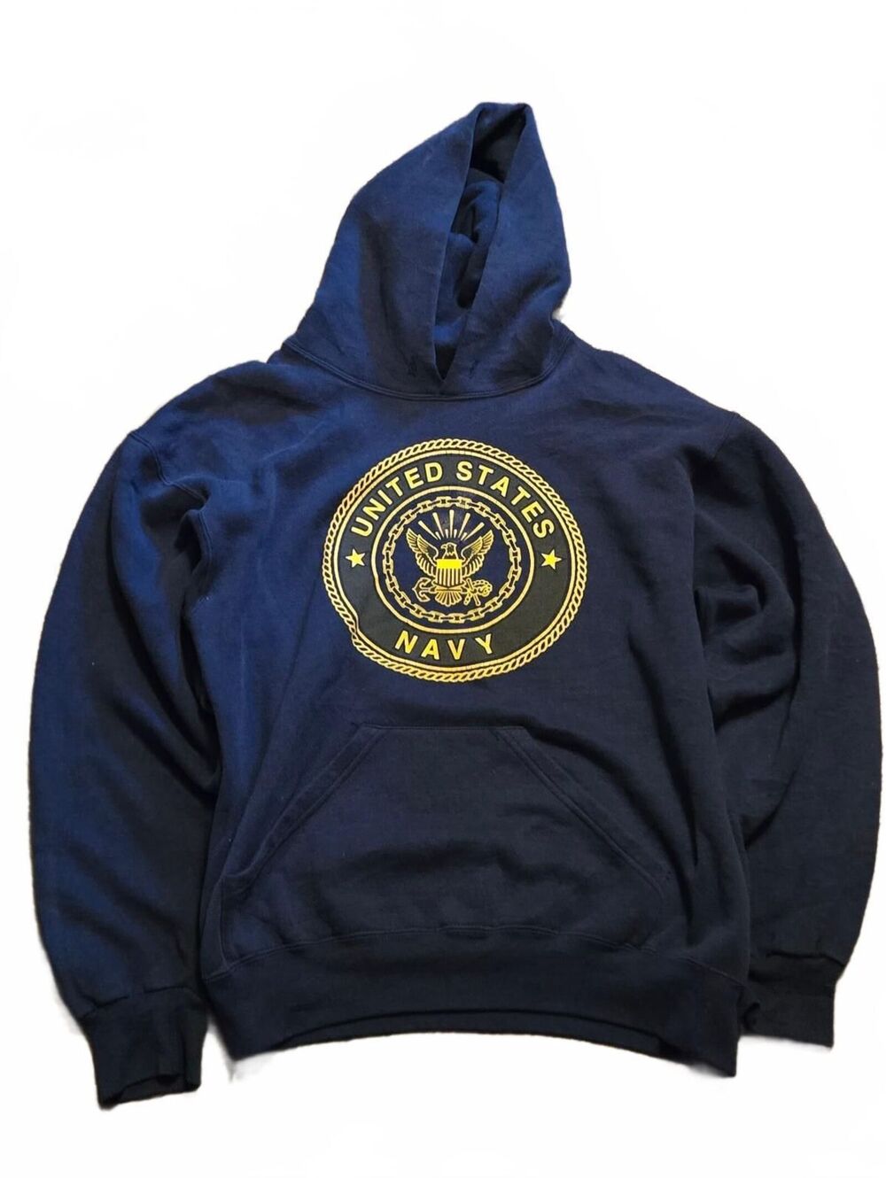 Vintage US Navy Hoodie Mens Medium Soffe Double-Sided Sweatshirt Blue USA 90’s